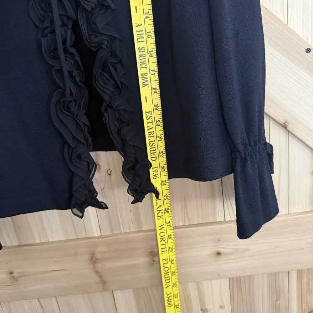 St.John Essentials Black Santana Knit Silk Ruffle Flutter Sleeve Cardigan Sz 12